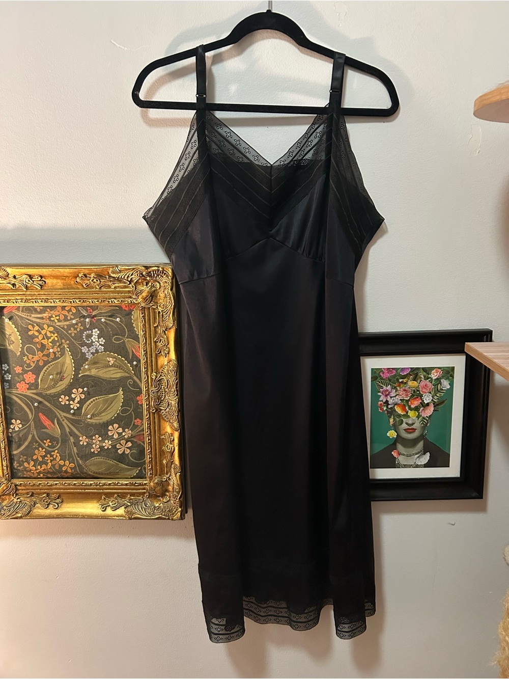 Vintage Black Satin Lace-Trim Slip Dress